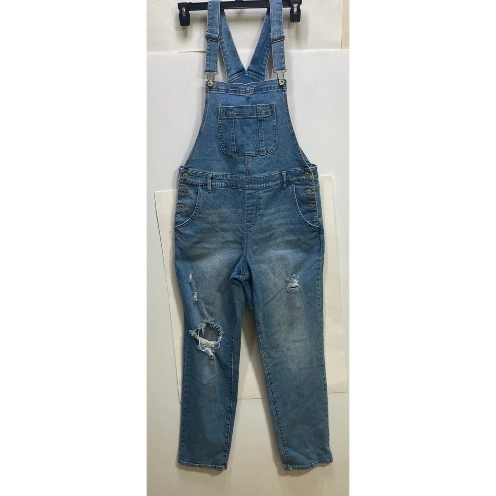 Style & Co Womens Medium Wash Distressed Denim Overalls‎ Skinny Leg Size M Blue